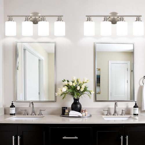 Image of Zarbitta 4-Light Bathroom Light Fixtures, Brushed Nickel Modern Vanity Lights with Milky White Frosted Glass Shades, Bathroom Wall Lamp for Mirror Kitchen Living Room