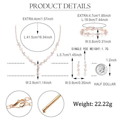Image of EVER FAITH Cubic Zirconia Pearl Leaf Bridal Jewelry Set for Bride Women