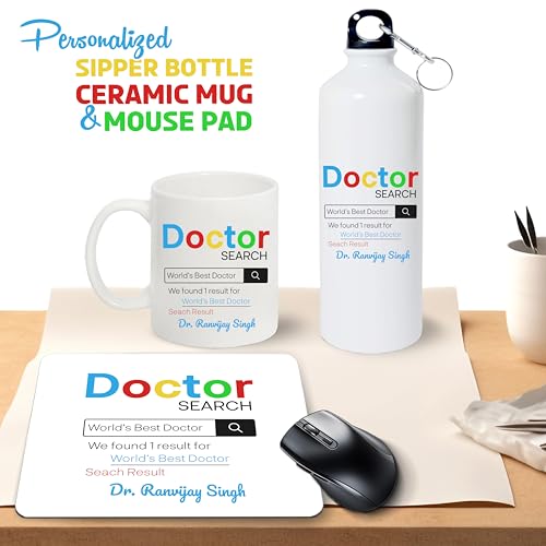 Image of SAVRI Custom Name Doctor Gift Set - Printed Bottle, Mug & Mouse Pad with Doctor-Themed Design. Best Gifts for Doctors,Nurses, Medical Professionals,Students for Birthdays or Appreciation