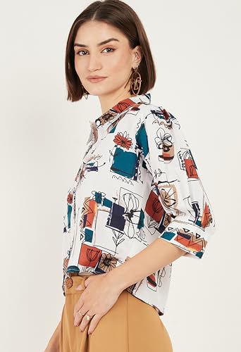 Image of ALL YOURS Women Women's Blue Boxy Floral Printed Casual Shirt (ALLSH5001 TUR XS)