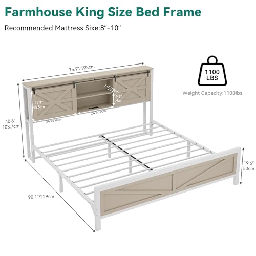 YITAHOME Farmhouse King Size Bed Frame with Headboard, Bookcase Storage Shelves, Sliding Barn Door, Charging Station, Rustic Wood Platform Bed, No Box Spring Needed, Oak