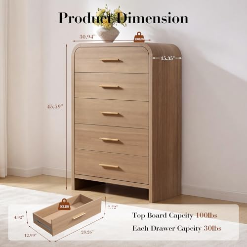 Image of Curved Drawer Dresser for Bedroom with 5 Drawers, 31'' Wide Chest of Drawer