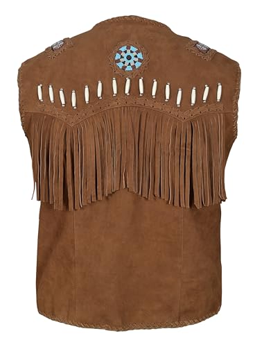 Image of Men's Western Cowhide Suede & Leather Vest - Beaded Fringe Yoke & Back Native-Inspired Cowboy Biker Vest