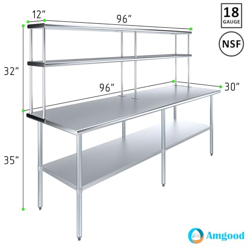Image of AmGood Stainless Steel Work Table with 12 inch Wide Double Tier Overshelf | Metal Kitchen Prep Table & Shelving Combo | NSF (Stainless Steel Table with Double Overshelves, 96 inch Long x 30 inch Deep)