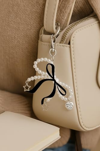 Image of Bag Charm |Pearl Bow Design With Heart Charm and Ribbon | Cherry Charms | Bags Charms for handbags keychain Unique Key Chains for Women Key Ring for Girls