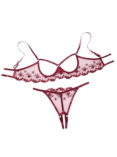 Image of Lilosy Sexy Underwire Floral Lace Sheer Lingerie Set for Women See Through Bra and Panty 2 Piece