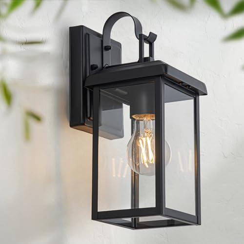 FTL Applique Lanterna da Esterno, Moderno Lampade da Esterno Parete, E27 Max 60W Luci da Parete in Vetro, Nero Lampada da Giardino, IP44 Impermeabile Luci Esterne a Parete per Giardino Porta Anteriore