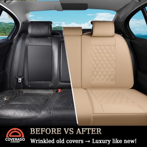 Image of Coverado Rear Seat Covers, Soft Waterproof Faux Leather Rear Protectors for Sedan SUV Truck, Minimalist Comfortable Anti-Stain Interior - Beige