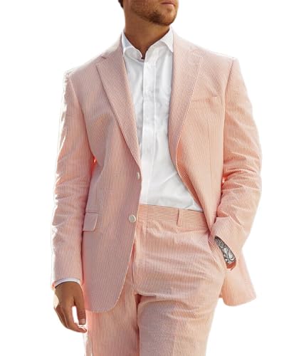 Summer Seersucker Suits for Men Slim Fit Casual Beach Wedding Grooms Seersucker Blazer Pants 2 Piece