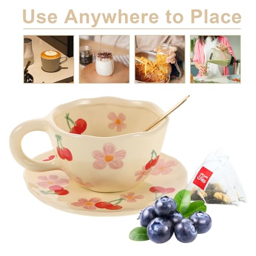 Juego de taza de café de cerámica rosa con platillo y cuchara FOMIYES para oficina 4