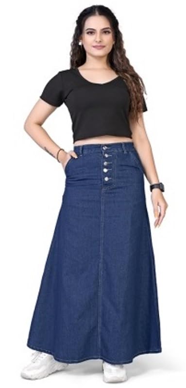 tripursundari fashion Navy Blue Five Buttoned A-Line Maxi Denim Woman Skirt-picture-34
