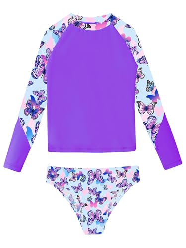 Eandarui Kids Girls Bathing Suit Long Sleeve Rash Guard Shirts with Briefs Sun Protection Beach Swimwear Purple 16 Years