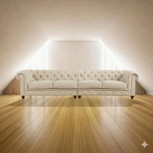 Image of Classic Leatherette Chester Sofa Set Button Tufted, Classic Style Sofa Set 3-Person Sofa for Living Room, Office, and Hallway Colour (Off-White Leatherette, 4 Seater Sofa)