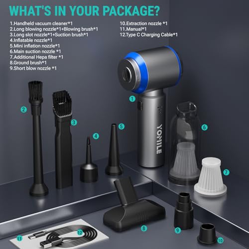 Image of Yomile Mini Vacuum Cleaner, 2 in 1 27000PA Brushless Car Vacuum Air Duster 9000mAh Battery Air Blower Handheld Vacuum for Car,Office and Home (Black)