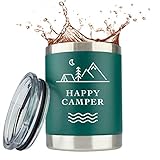 Camping Gifts for Men - Happy Camper - 10oz Insulated Stainless Steel Travel Tumbler Coffee Mug with Lid - Fathers Day RV Hiking Camper Cup Outdoors Mountain Decor by JENVIO
