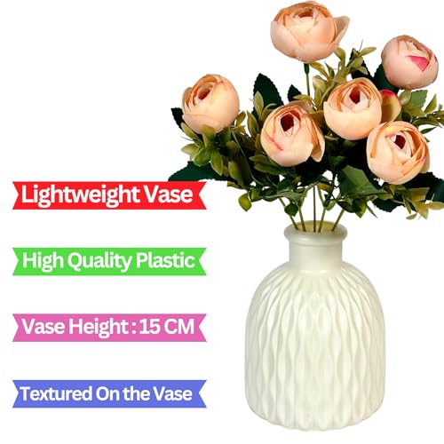 Image of Dekorly Artificial Peony Flowers Bunch | White Vase with Flowers Bunch | Artificial Plants for Home Office Hotel Decor | Bedroom Living Room Bathroom Decor (Cream, Height : 30CM)