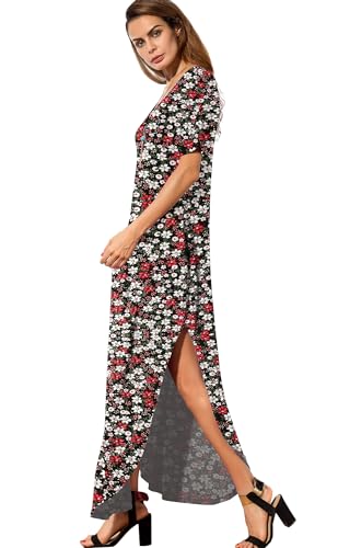 Image of GRECERELLE Women's Summer Maxi Dress Casual Loose V Neck Short Sleeve Side Split Long Dresses with Functional Pockets