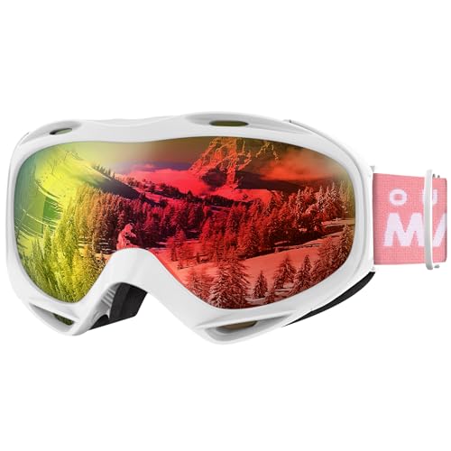 Image of OutdoorMaster OTG Ski Goggles - Over Glasses Ski /Snowboard Goggles for Men, Women & Youth - 100% UV Protection (White Frame + Vlt 45% Purple Lens with Full Revo Red)