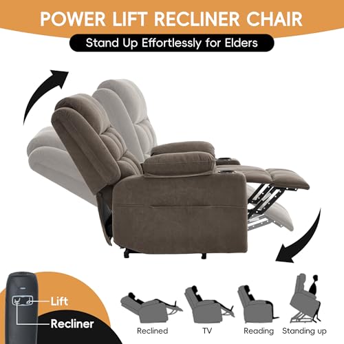 Image of Power Lift Recliner Chair for Elderly Adults with Massage and Heat, Fabric Electric Recliner Sofa with Side Pocket, Two Cup Holders for Living Room L9912 (Brown)