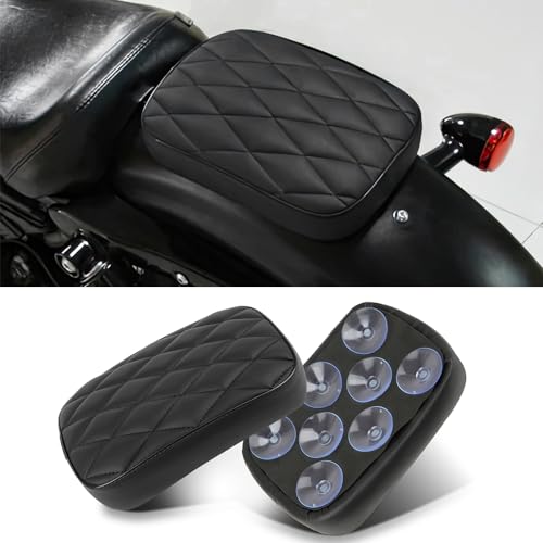 Image of Motorcycle Pillion Passenger Pad Seat, Black Rhombus Pattern Leather Pillion Pad w / 8 Suction Cup Rear Passenger Seat Compatible with Harley Custom Bikes and More