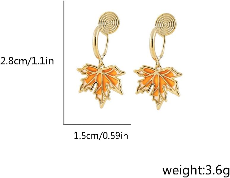 Clip On Maple Leaves Dangle Drop Fake Hoop Earrings for Women No Piercings Ear Dainty Elegant Gold Plated Enamel Autumn Leaf Cuff Wrap Earring Fashion Jewelry Gifts for Birthday Hypoallergenic - Image 2