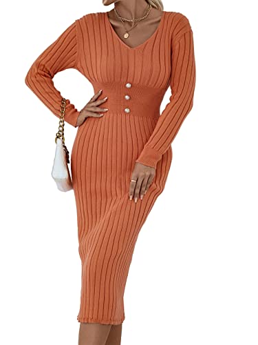 GIBZ Vestido feminino com nervuras, manga comprida, pulôver de malha, comprimento médio, colado ao c
