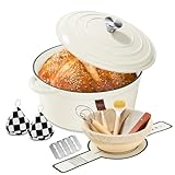 Blingco Enameled Cast Iron Dutch Oven With Lid -6.5 Qt, Incl. Sourdough Bread-Baking Supplies Like Banneton Proofing Basket, Heavy Duty Cookware Bread-Oven For Baking, Stews, And Roasting, Cream White