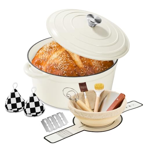 Blingco Enameled Cast Iron Dutch Oven with Lid -6.5 QT, incl. Sourdough Bread-Baking Supplies like Banneton Proofing Basket, Heavy Duty Cookware Bread-Oven for Baking, Stews, and Roasting, Cream White