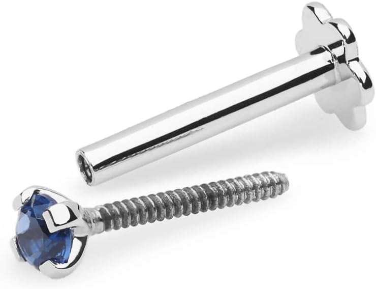 Demira Jewels 2.20mm Solitaire Real Blue Sapphire Solid 14K White Gold Nose Pin, Lip Labret, Monroe Ring Stud Screw - 16 Gauge, 8mm Long Post.