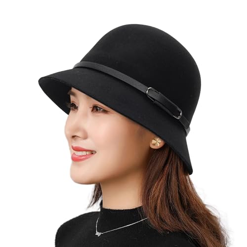 KorhLeoh Damen-Bowlermütze, Schwarze Woll-Eimermütze, warme Winter-Vintage-Mütze aus den 1920er Jahren, Cloche-Mütze