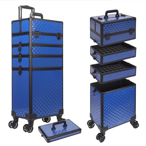 Image of 5 in 1 Rolling Makeup Train Case Professional Cosmetic Trolley Large Storage Organizer on Wheels for Hairstylist Artist Nail Beauty Salon Barber Blue