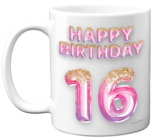 16th Birthday Gift for Girls - Pink Purple Glitter Balloons - Happy Birthday Mug Present for 16 Year Old Daughter Sister Granddaughter Cousin Friend, 11oz Ceramic Dishwasher Safe Coffee Mugs Cup