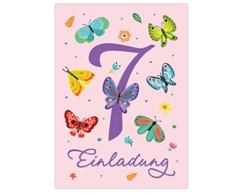 Junapack 12 Einladungskarten zum 7. Kindergeburtstag siebte Geburtstag Mädchen Schmetterlinge