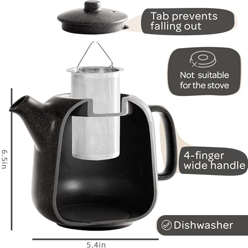 Image of Steinzeit Design Tea Pot (44 oz) - Premium Ceramic Teapot with Infuser for Loose Tea - Black Teapot Ceramic with Removable Strainer