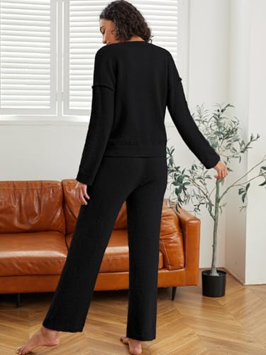 NORACORA Womens 2 Piece Fuzzy Fleece Pajamas Lounge Sets Long Sleeve V Neck Fluffy Pjs Matching Loungewear Black — view 4