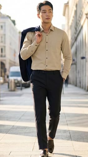 Image of Men's Long Sleeve Dress Shirt,Light Beige, Button Down, Chest Pocket, Casual Formal Wear