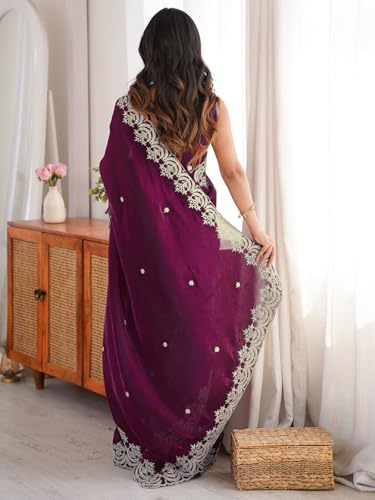 Image of SIRIL Women's Tissue Silk Sequence Embroidery Saree With Unstitched Blouse Piece