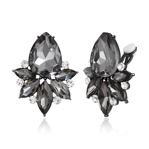 EVER FAITH Vintage Rhinestone Clip On Stud Earrings for Women, Fancy Crystal Cluster Teardrop Art Deco Non Pierced Earring for Wedding Bridal Brides Grey Black-Tone