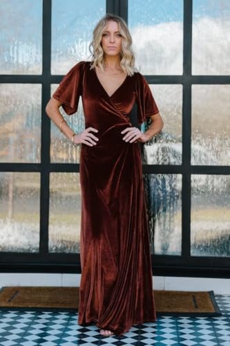 Ouyisha Velvet Bridesmaid Dresses Long for Women V-Neck Short Sleeve Formal Maternity with Slit3