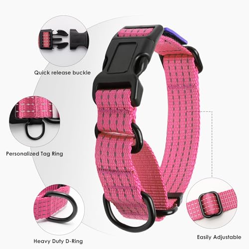 Image of Martingale Dog Collar Reflective NO Pull with USA Flag, L,Pink | Escape Proof without choking,Adjustable Limited Slip Collar with Quick Release Buckle, Nylon Walking Collar for S M L Dogs