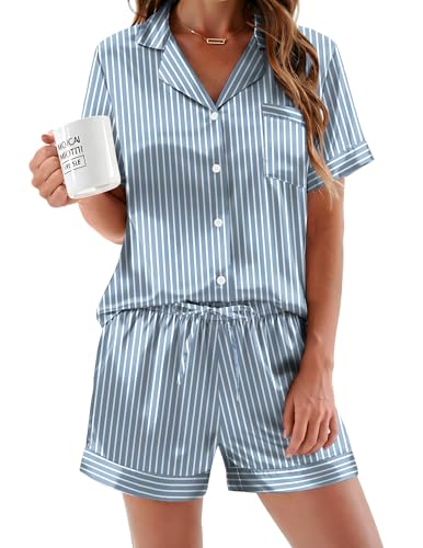 Image of Ekouaer Silk Pajamas for Women Button Down Sleepwear 2 Piece Pjs Shorts Set | Classic Short Sleeve Notch Neck Lounge Set with Pockets,Soft Cute Pj Set,Bridal Gifts,Pajama Party,Maternity Outfits