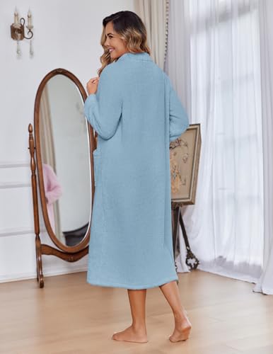 Image of Ekouaer Women Zipper Robe Fleece Long Sleeves Bathrobe Sleepwear Warm Soft Housecoat with Pockets Zip Up House Dresses
