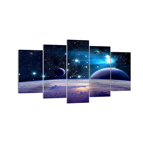 Deco Cadre Décoration Salon cosmos planète Moderne Impression sur Toile 160x85cm Image Tableau Decoration Murale Chambre Triptyque 5 parties Art Wall Grand Tableaux Decoratifs Muraux EA160x85-3575