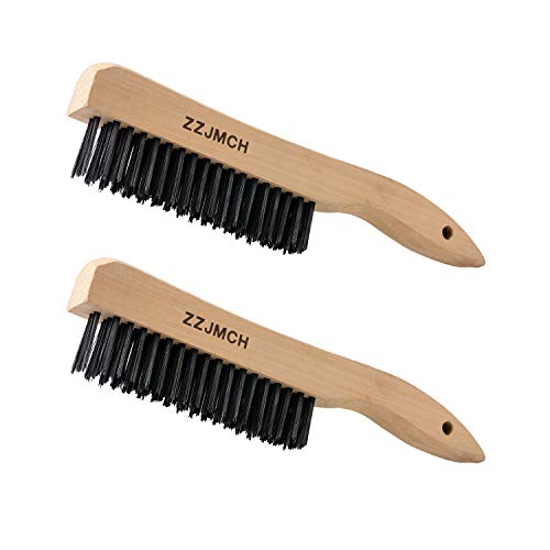 2 Pack Carbon Steel Wire Brush s with Curved Wood Handle, for Cleaning Rust. 0.014  Fill Diameter, 43 4  Brush Area Length, 11 16  Brush Area Length, 10  Overall Length.
