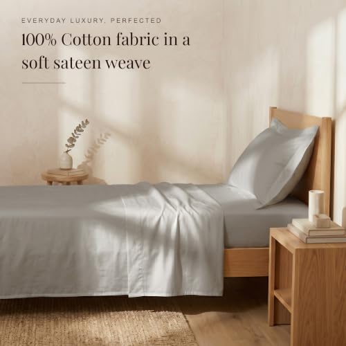 Image of Huesland Luxury 300 TC Pure Cotton Sateen Weave Single Bedsheet Set - Soft, Durable & Stylish | Glacier Grey | 88 x 55 inches