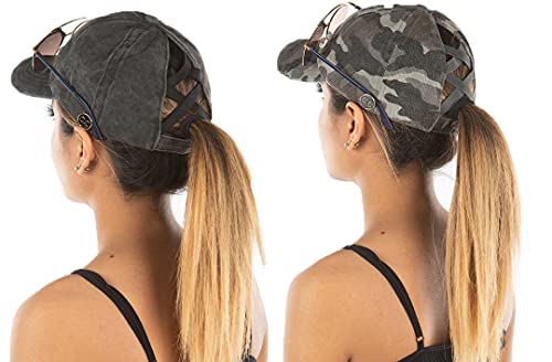 Funky Junque Criss Cross Hat Womens Ponytail Messy Bun Side Buttons Baseball Cap, 2 Pack: Black & Camo Grey, One size