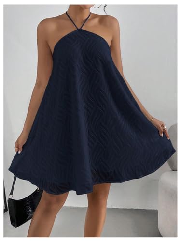 Image of MakeMeChic Women's Halter Dress Summer White Beach Mini Backless Flowy Short Dress