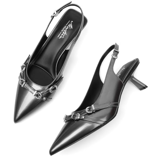 Image of Mostrin Kitten Heels for Women Pointed Toe Pumps Patent Leather Low Heel Slingback Heels with Buckle Dress Shoes for Dating Party Working