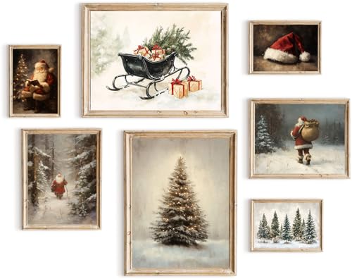 TWNSLLA Vintage Wall Art Set of 7,Vintage Christmas Wall Decor,Moody Snowy Landscape Painting Winter...