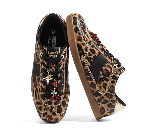 LUCKY STEP Women Classic Retro Sneakers Fashion Gum Sole Casual Faux Leather Walking Shoes Anti Slip Comfortable Tennis Trainers(Leopard 7)